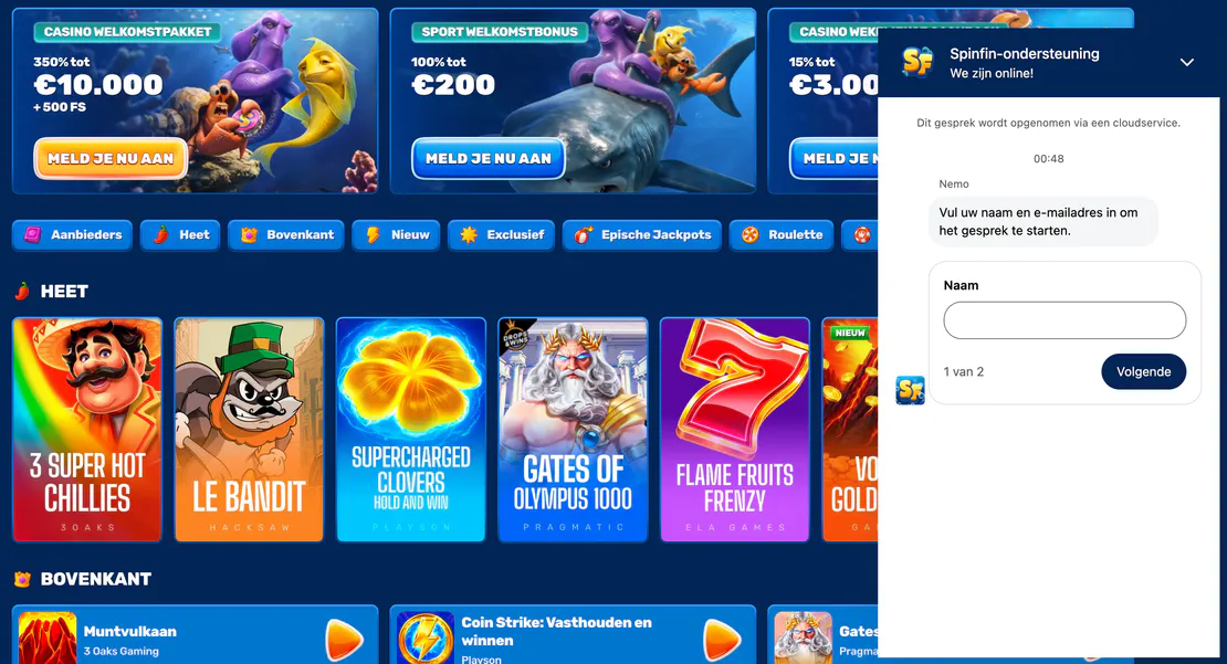 24/7 klantenservice en live chat ondersteuning bij Spinfin Casino